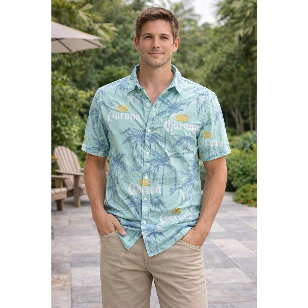 Men's Corona Button Up Short Sleeve Tropical Hawaiian Style Shirt Blue Large
